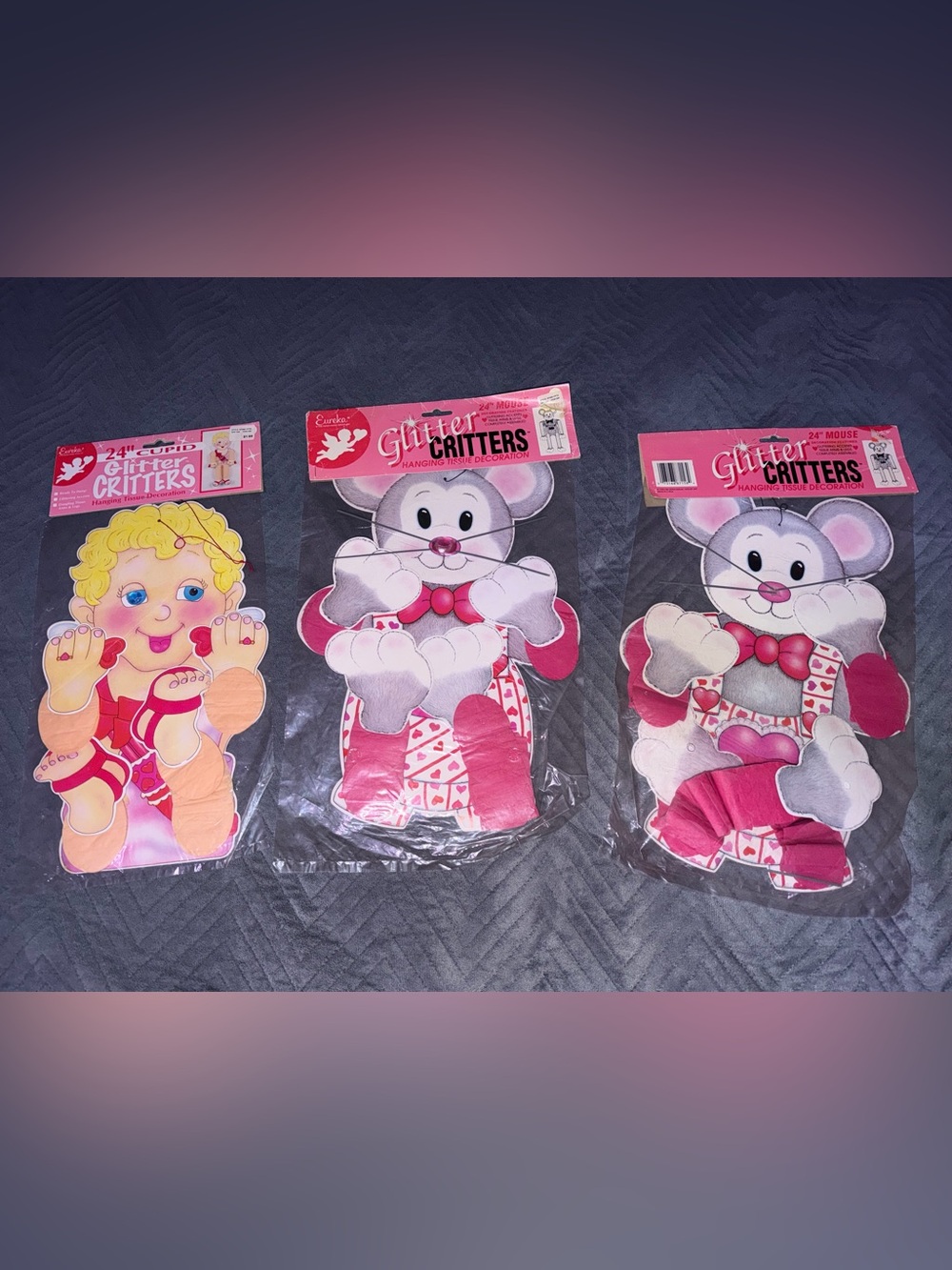 Vintage Eureka Valentine Glitter Critters 24" Lot of 3